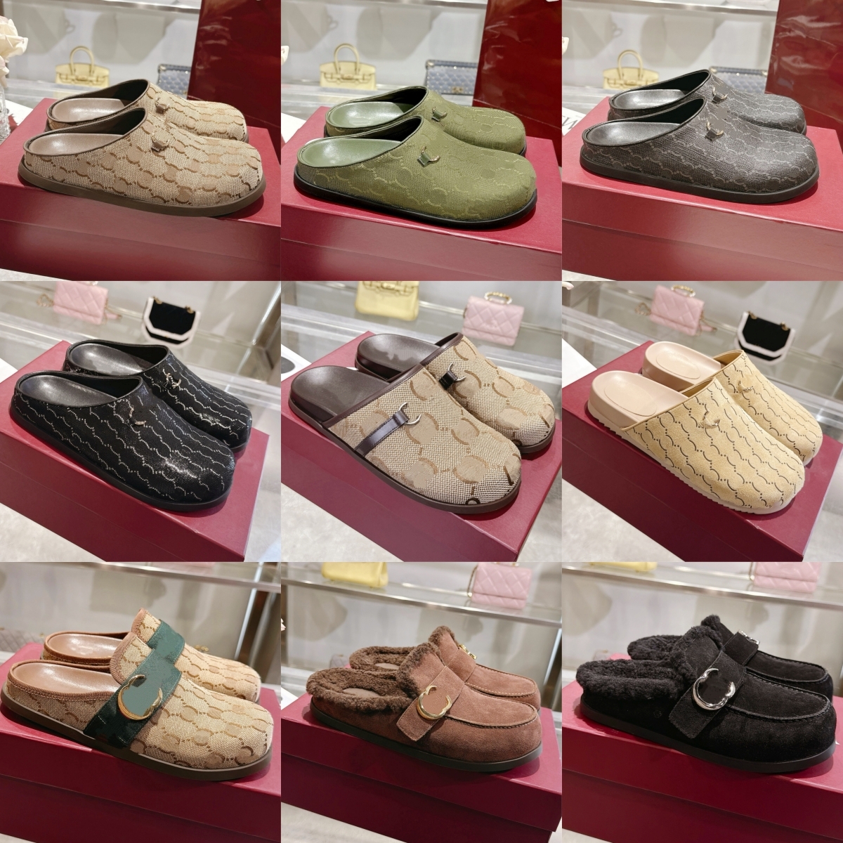 Mujer camel lienzo Imprimir zueco Mule Sandalia Diseñador Zapatilla Hombre peludo diapositivas de cuero Botines casa Zapatos de tacón plano Desgaste