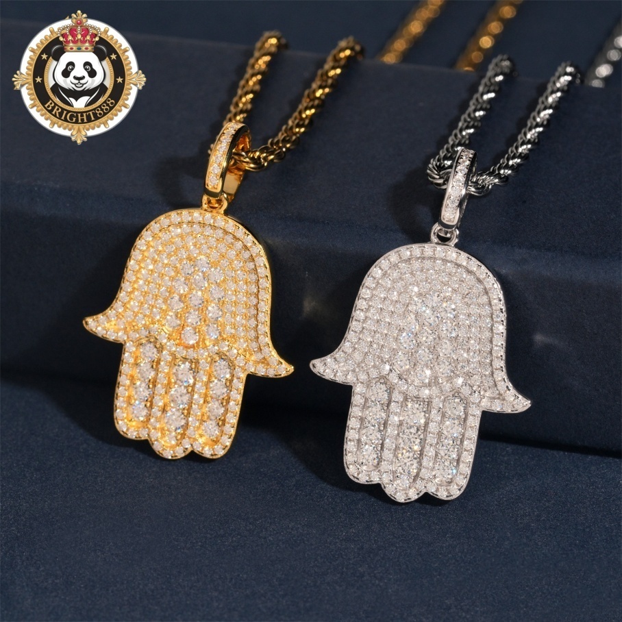 Pass Tester 925 Solid Silver Hip Hop VVS Moissanite Jewelry Lucky Charm Pendant Custom Iced Out Diamond Hamsa Hand Pendant