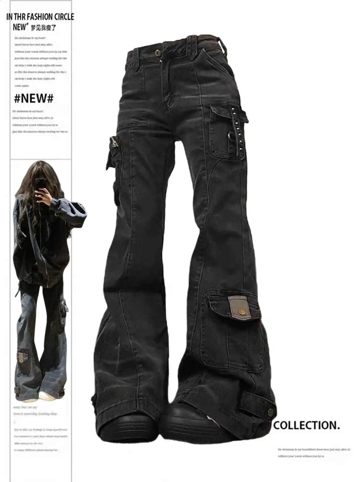 Women's Flare Cargo Jeans Harajuku Japanese Low Rise Denim Pants Abi Y2k Bell Bottom American Retro High Street Dark Academia 260918