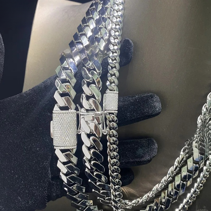 Custom HipHop Jewelry 8 15mm Plain 925 Sterling Silver Moissanite Diamond Iced Out Buckle Miami Cuban Link Chain Necklace