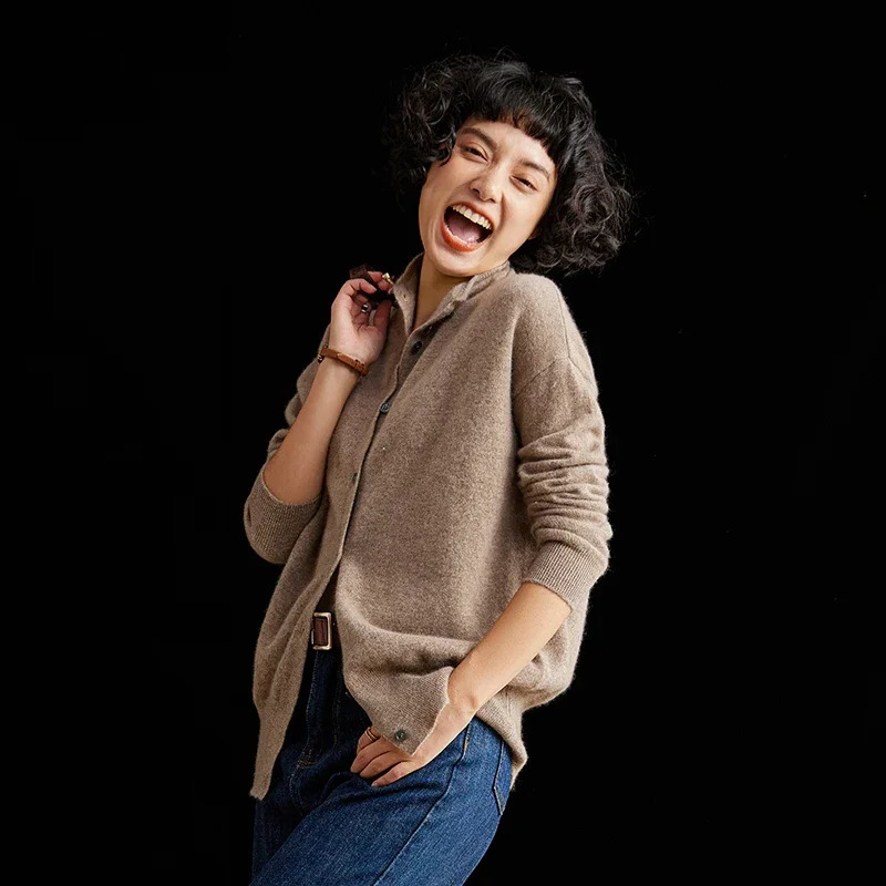 Women's Slim Fit Wool Cardigan SemiHigh Neck Solid Color Long Sleeve Cashmere Knitted Sweater Versatile Casual Coat 260918