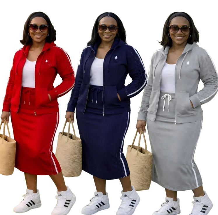 new Women's hooded hoodies half dress set casual zipper cardigan jacket +drawstring wrapped hip dresses two-piece set