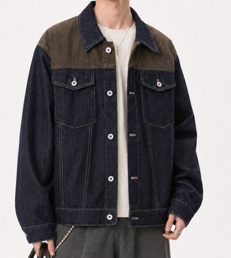 American-style retro patchwork suede-jersey lapel denim jacket for men - Spring/Autumn new style, trendy brand, versatile and easy to wear denim jac