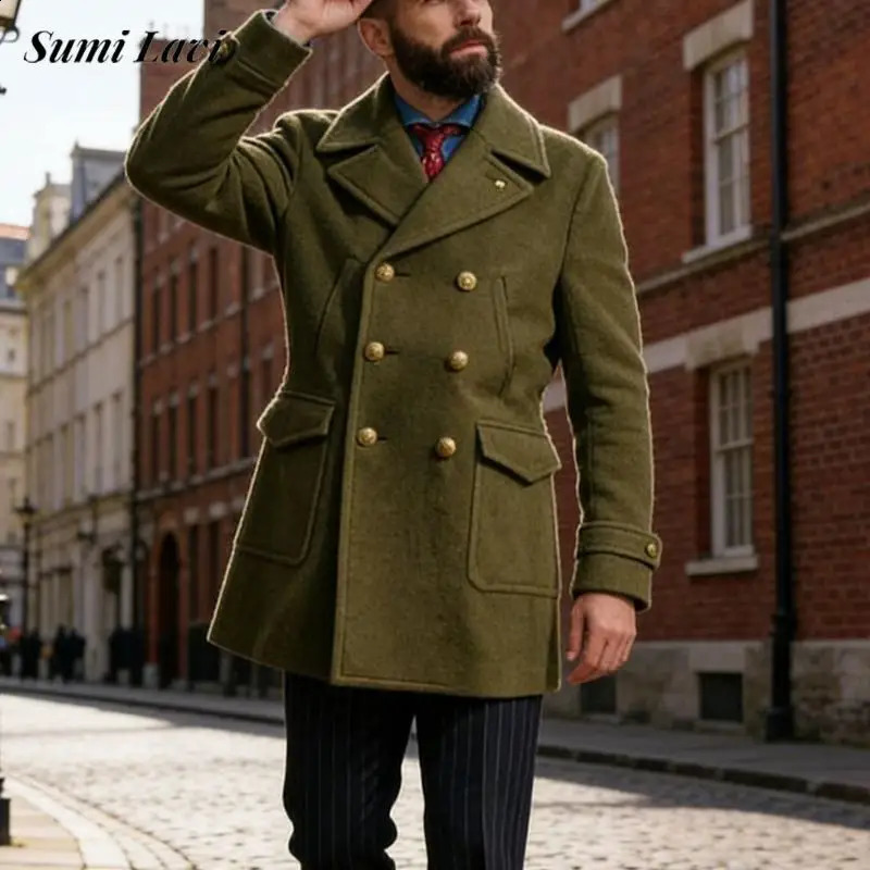 Vintage Solid Color Doublebreasted Pea Jacket Mens Fall Winter Casual Woolen Coats Men Fashion Turndown Collar Mid Overcoats 260920