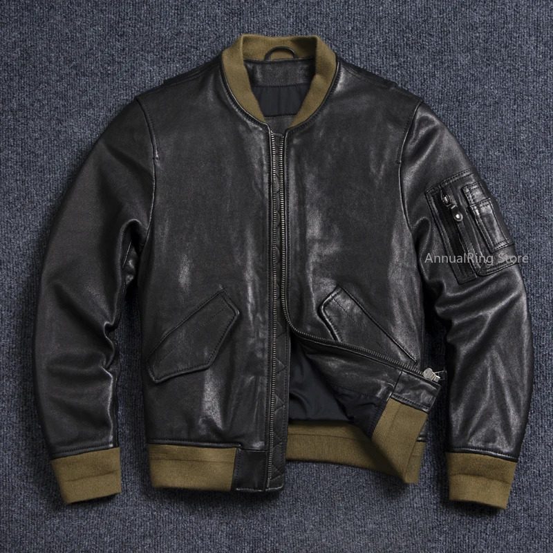 Bomber Ma-1 Genuine Leather Jacket Mens Natural Tanned Sheepskin Coat Vintage Air Force Leather Cloth Soft Plus Size 260920