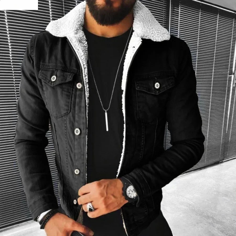 Autumn Winter Men's Lamb Fleece Thickened Warm Denim Coats Plush Lapel Button Long Sleeve Denim Jackets for Men 260920