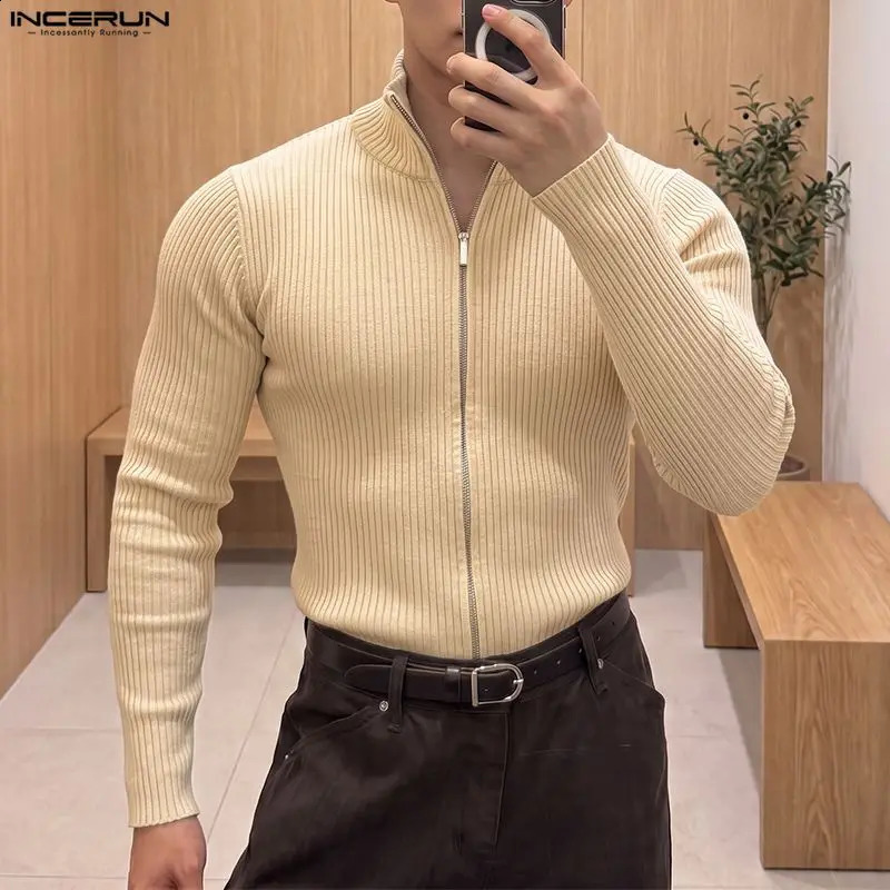 INCERUN Men's Cardigan Solid Color Zipper Long Sleeve Stand Collar Sweaters For Man Knitted Streetwear 2026 Fashion Men Clothes 260918