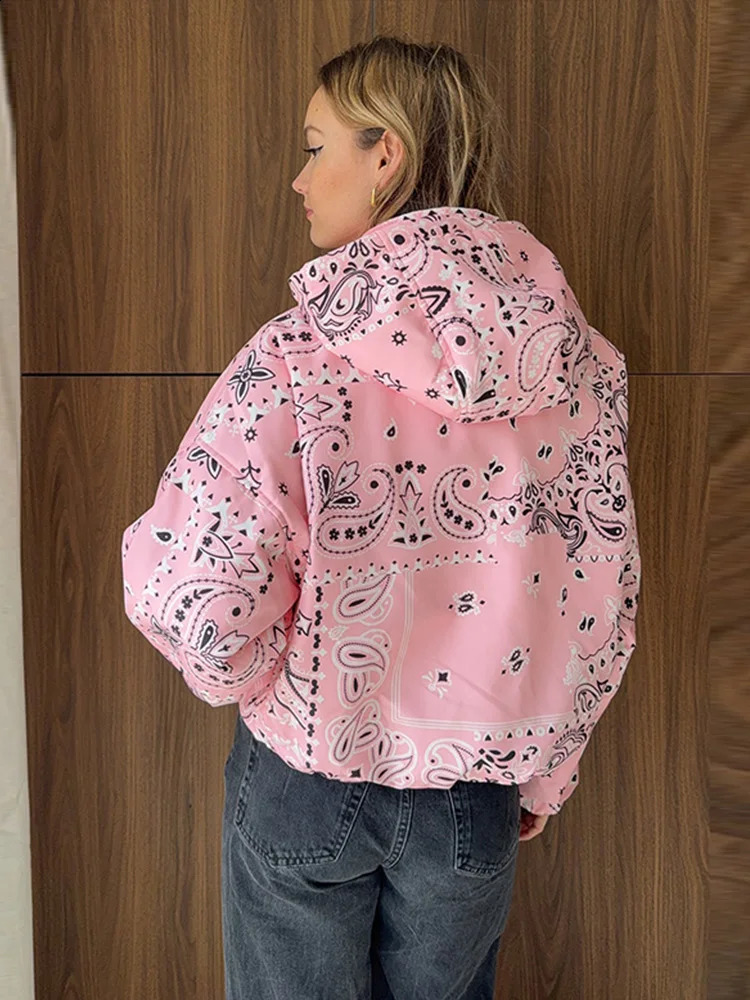 Pink Paisley Print Hooded Jacket Coat Women's Y2K Streetwear Cropped Windbreaker Casual Elastic Cuffs Spring Daily Outerwear 260918