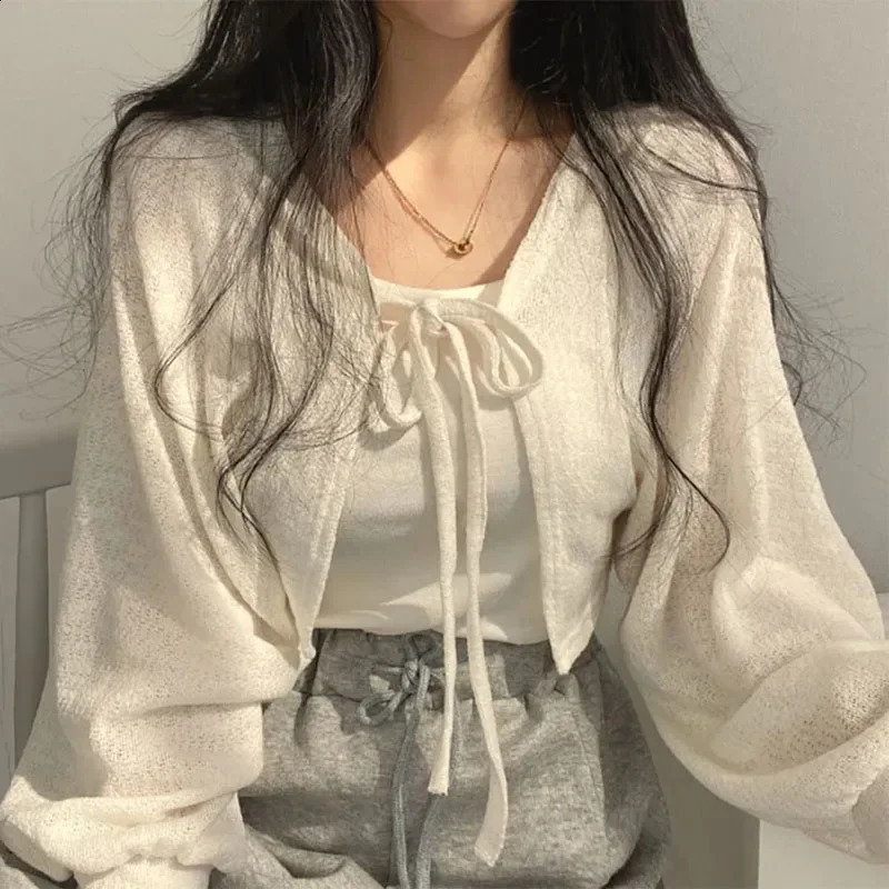 White Knitted Cardigan for Women Summer Thin Sunscreen LaceUp Knitwear Tops Female Fashion Korean Lantern Sleeve Short Coat 260918