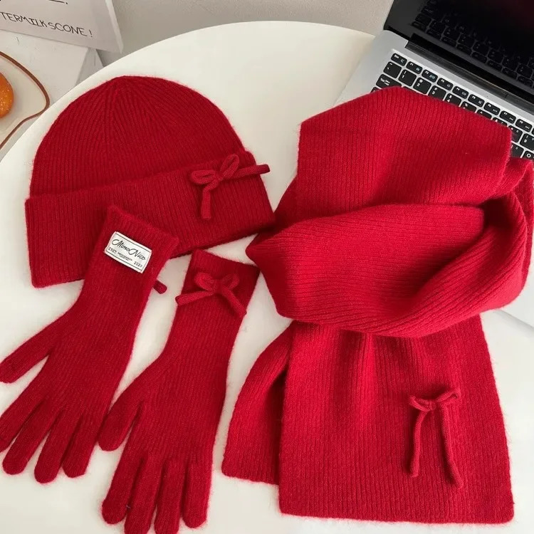 Winter Korean Version Knitted Scarf Gloves Hat Three-piece Set Women's Fashion Versatile High-end Sense Solid Color Bow Scarf 260918
