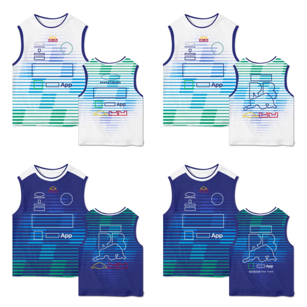 F1 racing fan jersey, unisex gradient print sleeveless shoulder, quick drying polyester gradient stripe racing theme print, summer racing fan sports