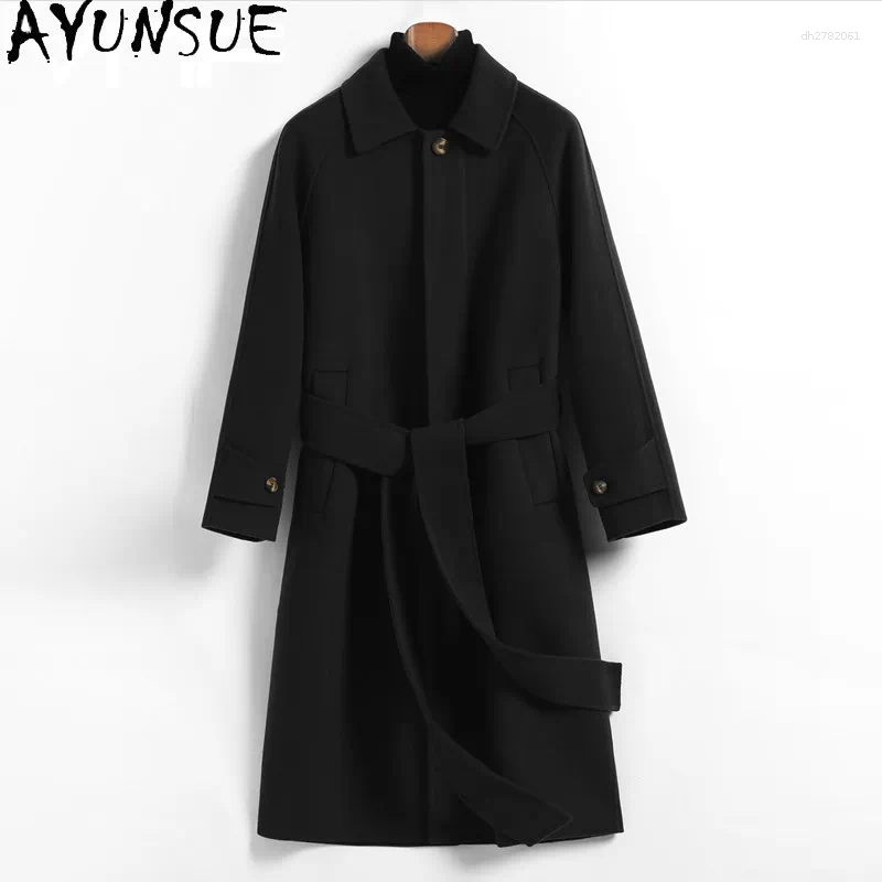 Trench in lana per uomo Giacca invernale in lana double face di alta qualità con cintura Cappotto lungo sciolto alla moda