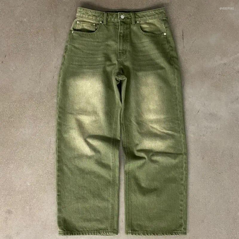Baggy Green Washed Jeans Men Women Vintage Loose Wide Leg Denim Pants Hip Hop Streetwear Oversized Trousers Multi Pockets