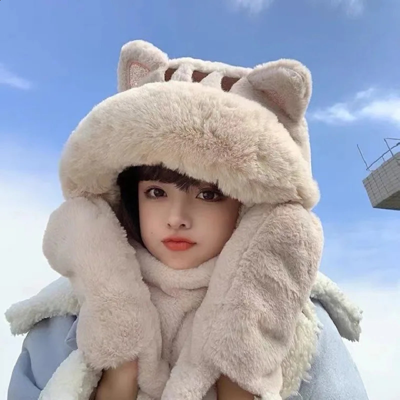 Cat Plush Hat Scarf Gloves Three Piece One Piece Hat Women's Versatile Fall Winter Thickened Warm 260918