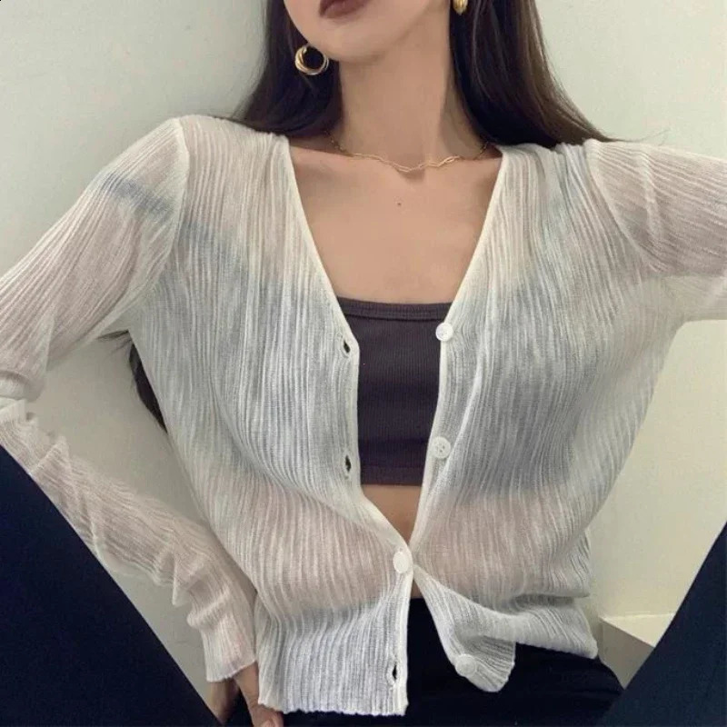 Women's Sunscreen Cardigan VNeck Thin Casual LongSleeved Solid Blouse Tops for Woman Summer Black White Y2K Shirt 260918