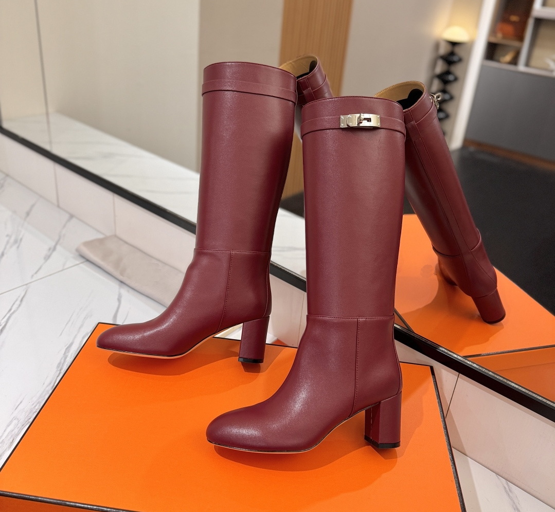 Designer Womens Dress Shoes Luxury Cow Leather Round Toe High Heels Riding Boots Dating Shoes Belt Buckle Brand Women Knee-high Boots