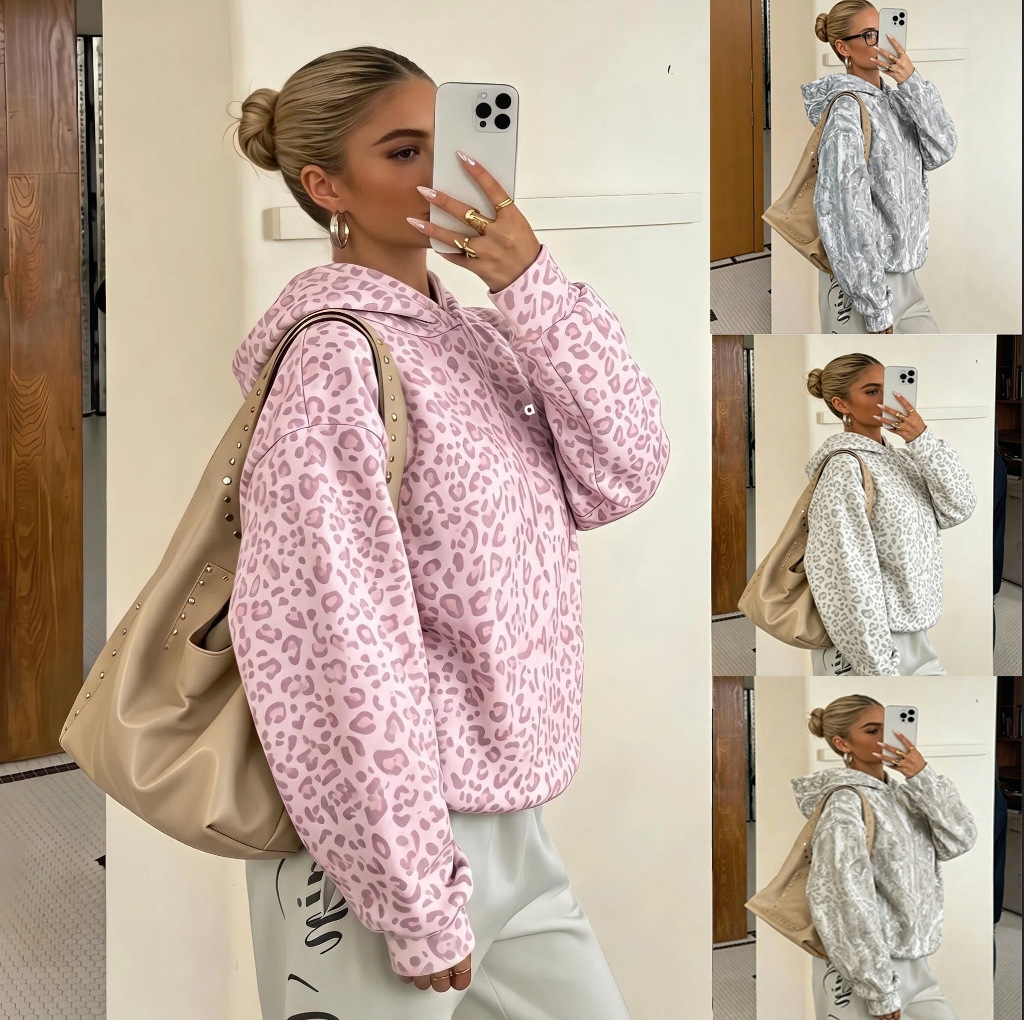 A2960 3D Women's Fall/Winter 2026 New Arrival European and American-Style Leopard Print Long-Sleeve Hooded Casual Sweatshirt for Women