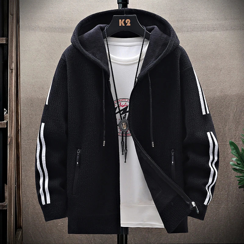 Mens Fashion Sweater Cardigan Fleece Lined Hood Sweaters Jacket Retro Coat Zipper Up Knit Cardigans 260918