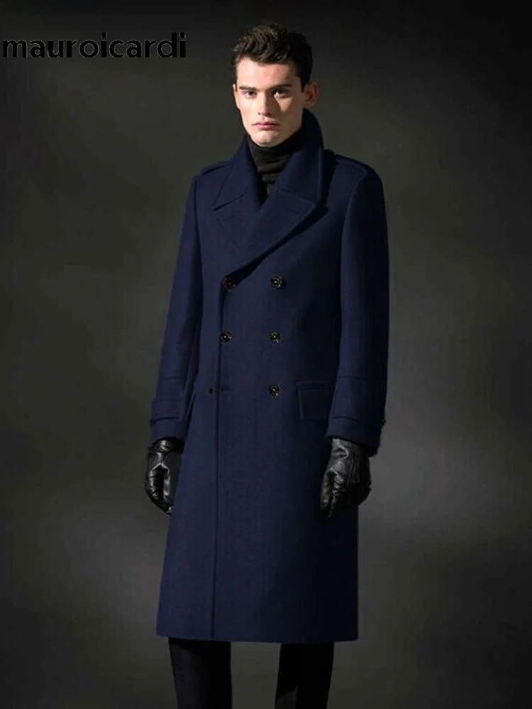 Mauroicardi Autumn Winter Long Warm Smart Casual Navy Blue Black Woolen Coat Men Double Breasted y Wool Blends Overcoat 260920
