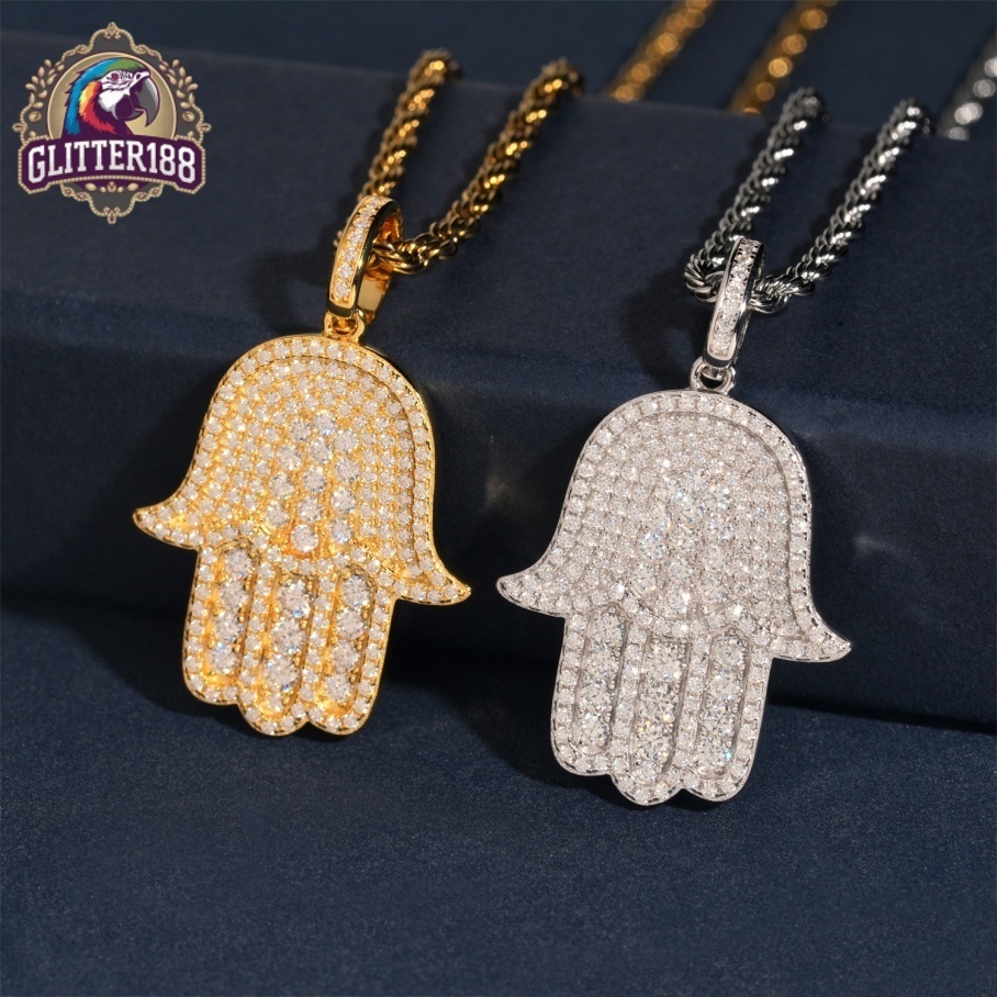 Pass Tester 925 Solid Silver Hip Hop VVS Moissanite Jewelry Lucky Charm Pendant Custom Iced Out Diamond Hamsa Hand Pendant