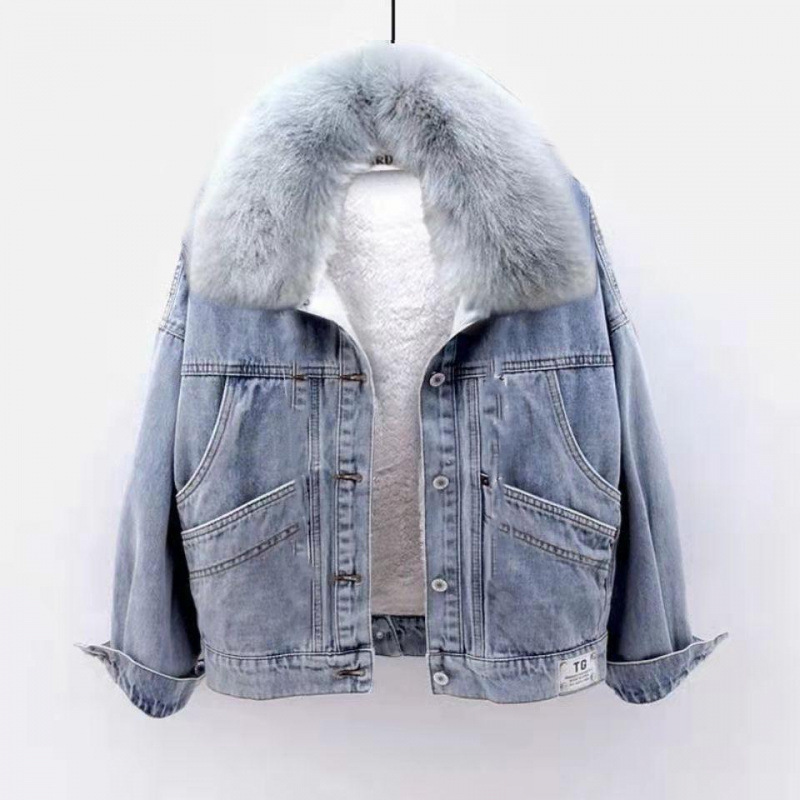 designer women winter denim jacket womens fashionable thick wool warm thick fur collar casual jacket
