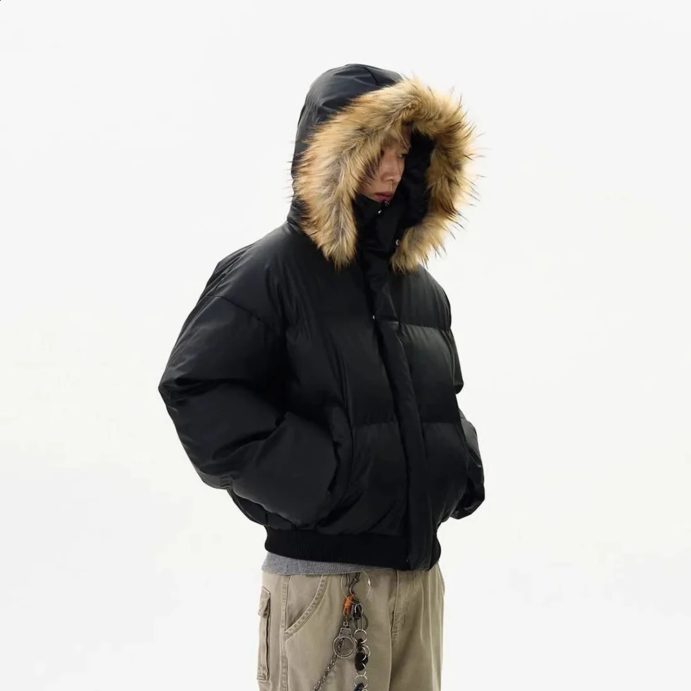 American Street Fashion Detachable Fur Collar Hooded Pu Leather Cotton Jacket Men Winter HighEnd Versatile Y2k For 260910