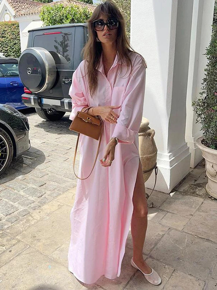 Women Loose Casual Summer Dress French Style Long Sleeve Lapel Shirt Dress with Side Slit Single Breasted Boho Maxi Long Dresses 260920