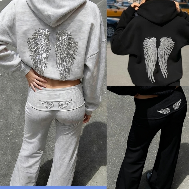 Retro Shiny Wings Print Long Sleeve Zip Casual Sweatshirt Fall Winter Womens Hoodie Pants Set of 2 Solid Color Streetwear 260918