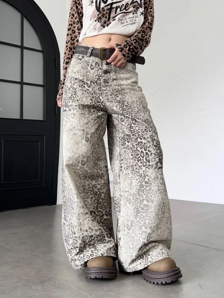 2026 American Retro Y2K Style Washed Leopard Patchwork Baggy Jeans da donna Pantaloni per abbigliamento donna Pantaloni lunghi larghi dritti 260920