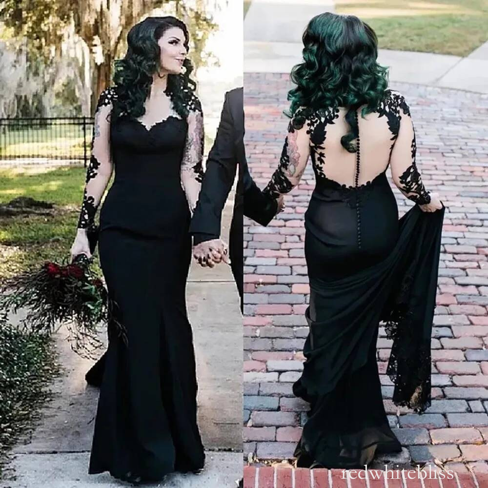 Bridal Gowns Black Wedding Dresses Formal Mermaid Trumpet Sweetheart Long Sleeve Satin Applique Beaded Illusion Plus Size New Custom Button
