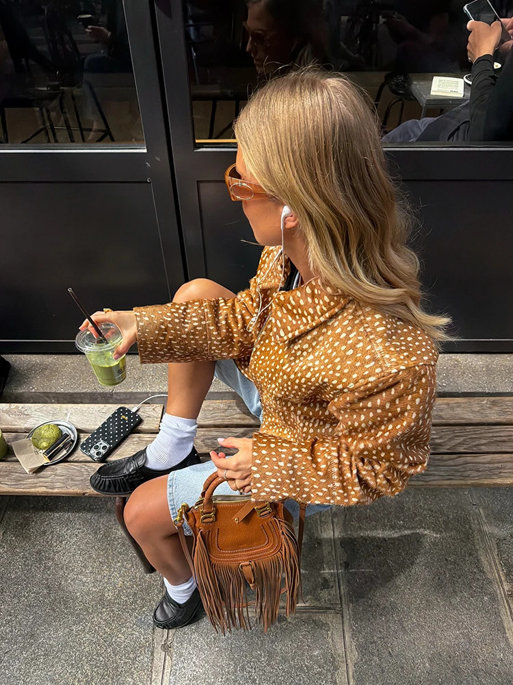 Animal Printed Womens Jacket Zipper Front Dotted Cropped Turn Down Collar Jackets Casual Vintage Street Retro Outerwear Ladies 260920