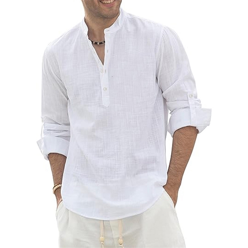 Men's Cotton Linen Long Sleeve Polo Shirt Lightweight Henley Neck Hawaiian Beach Style Solid Color Tops Vacation T-shirt260918ww