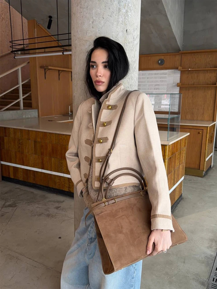 Fashion Cropped Napoleon Jacket Women Elegant Stand Collar Long Sleeve Single Breasted Coat 2026 Spring Lady Commute Outerwear 260920