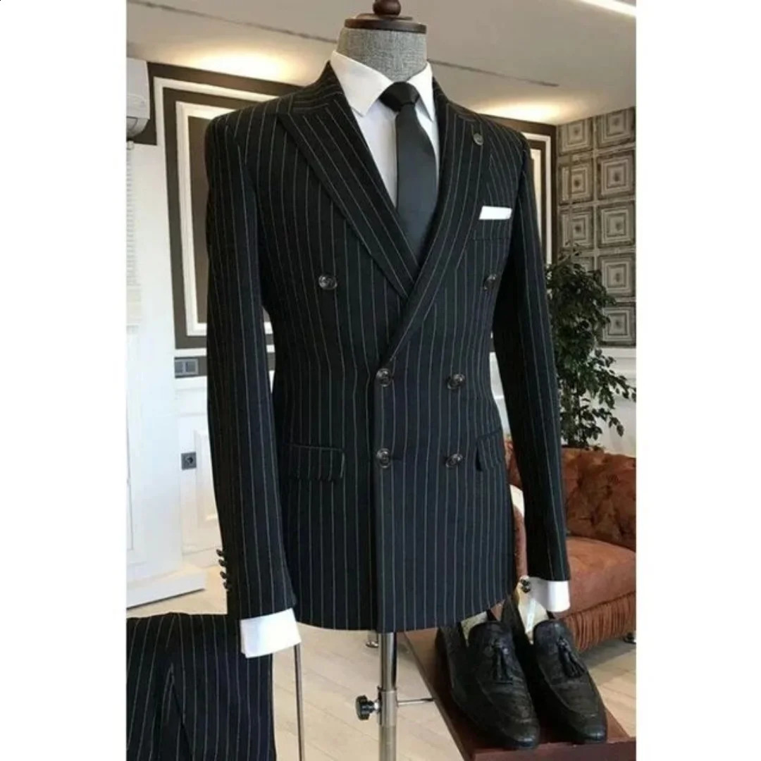 Black Striped Men's Suit Slim Fit Business Lapel Double Breasted Jacket Pants Wedding Party Prom Suits Set of 2 Piece 260918