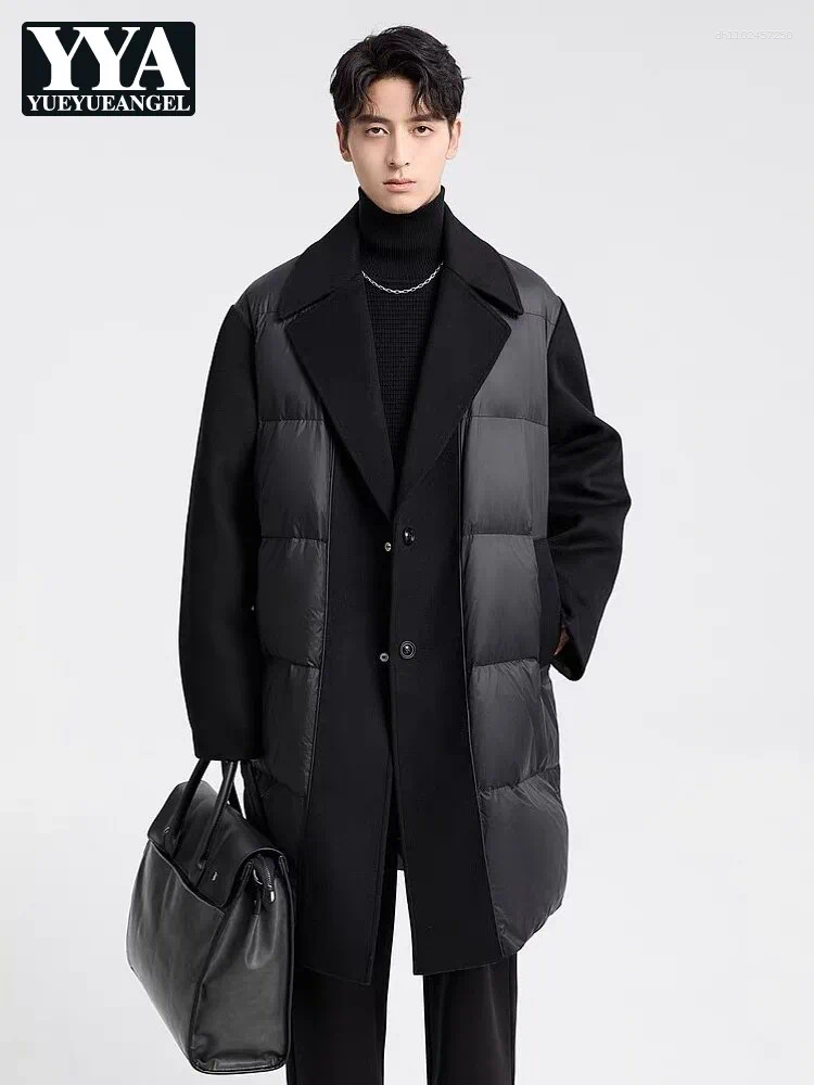 Fashion Men Winter Thick Warm Long Down Jacket Spliced Woolen Blends Single Breasted Straight Business Work Overcoat Outwear