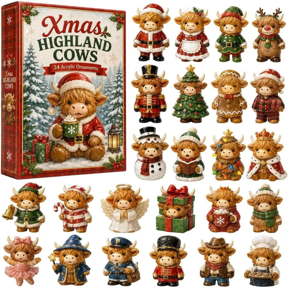 2026 New New Highland Cow Advent Calendar With 24 Mini Cattle Figurines 2D Acrylic Tree Decoration Pendant Christmas Gift 260920 Free Shippi