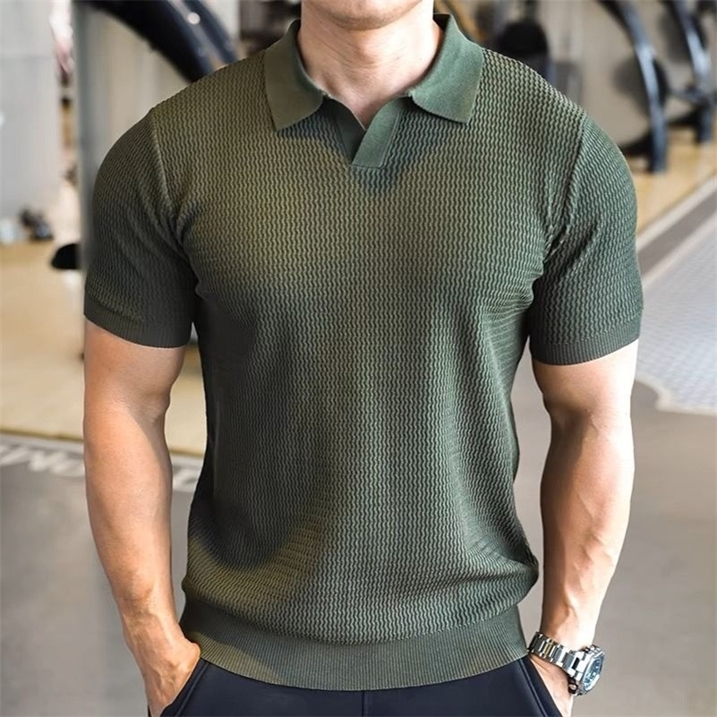 Men's Knitted Business Polo Shirt Summer Ice Silk Breathable Elastic Slim Fit Solid Color Lapel Short Sleeve Knitted T-Shirt Top260918ww