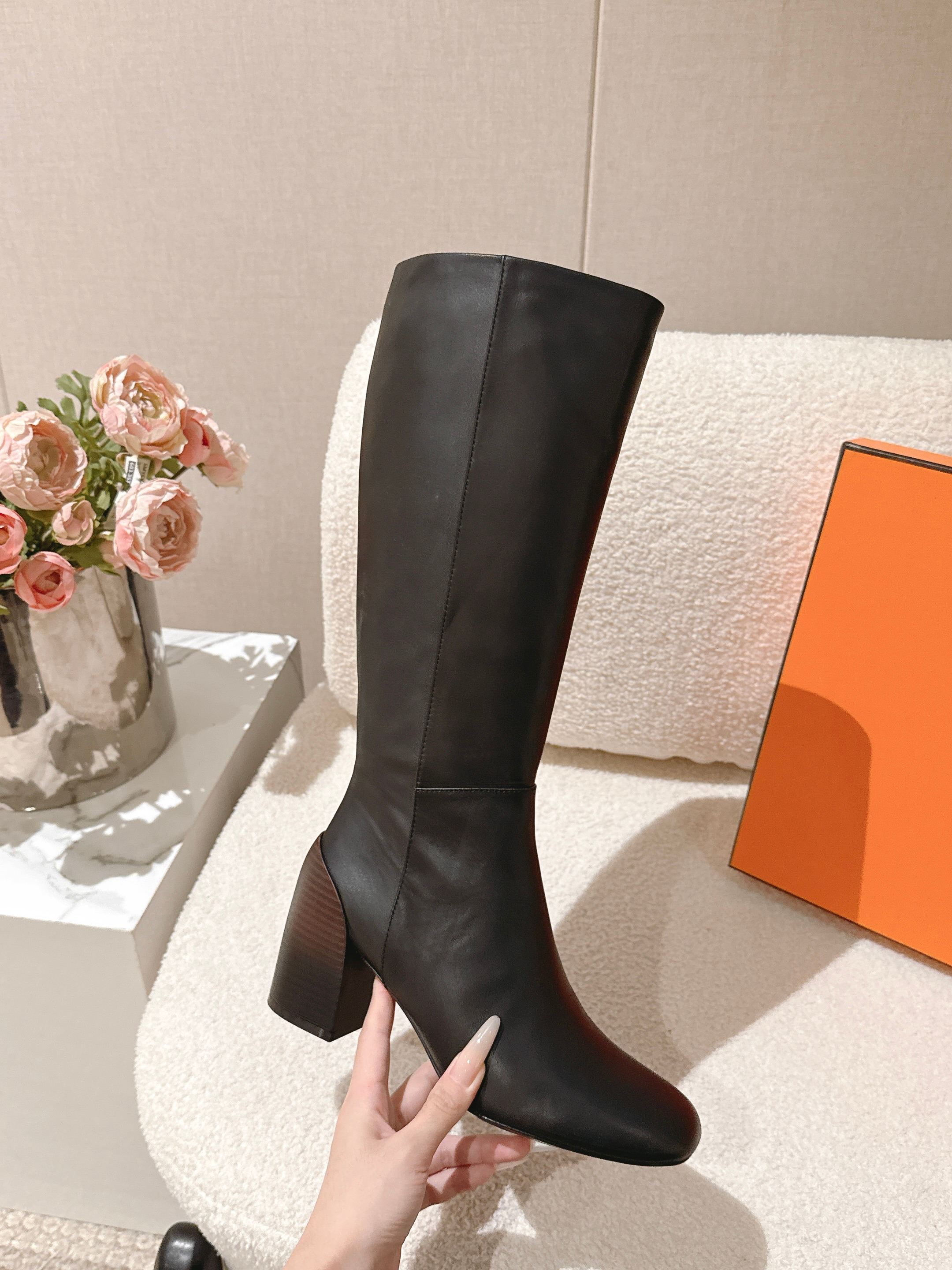Botas altas hasta la rodilla para mujer de diseñador Punta cuadrada Tacón de bloque grueso 6 cm Cremallera Botas largas altas Otoño Invierno Botas d