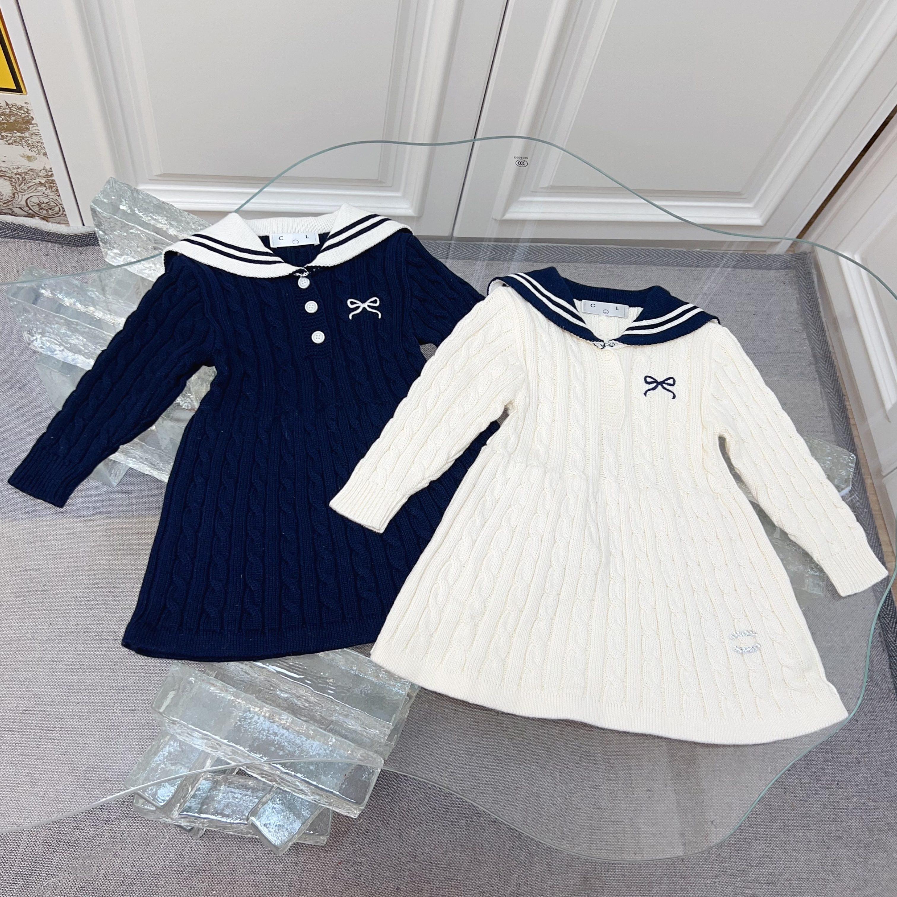 Luxury Designer Toddler Girls Cable Knit Dress Infant Sailor Collar Bow Embroidery Long Sleeve Little Kids Girl Sweater Dress Autumn Winter Princess