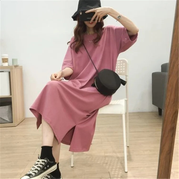 Korean Shortsleeve Solid Color Side Cut Cotton Maxi Dresses Female Student Loose Basic Round Neck Style Long Dress 260920