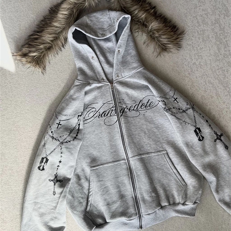Winter Fashion Streetwear Women's Gothic Punk Faux Fur Hooded Jacket With Cross Print Trendy Edgy Zip - Up Sweatshirt 2026 260918ww