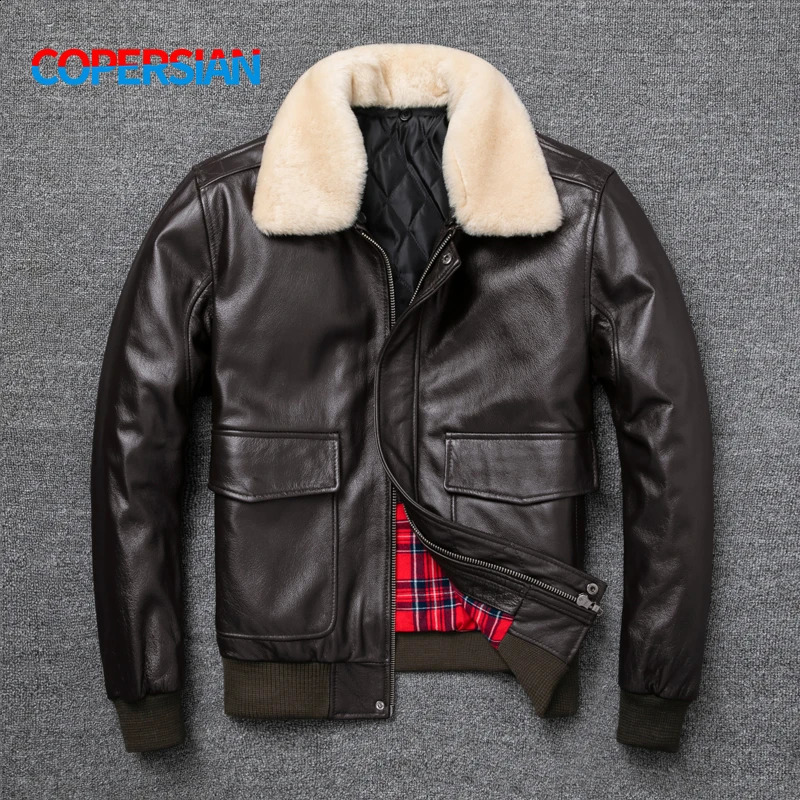 Air Force Flight Jacket Fur Collar Genuine Top Layer Cow Leather Jacket Men Black Brown Cow Coat Men's Winter Jacket 260920