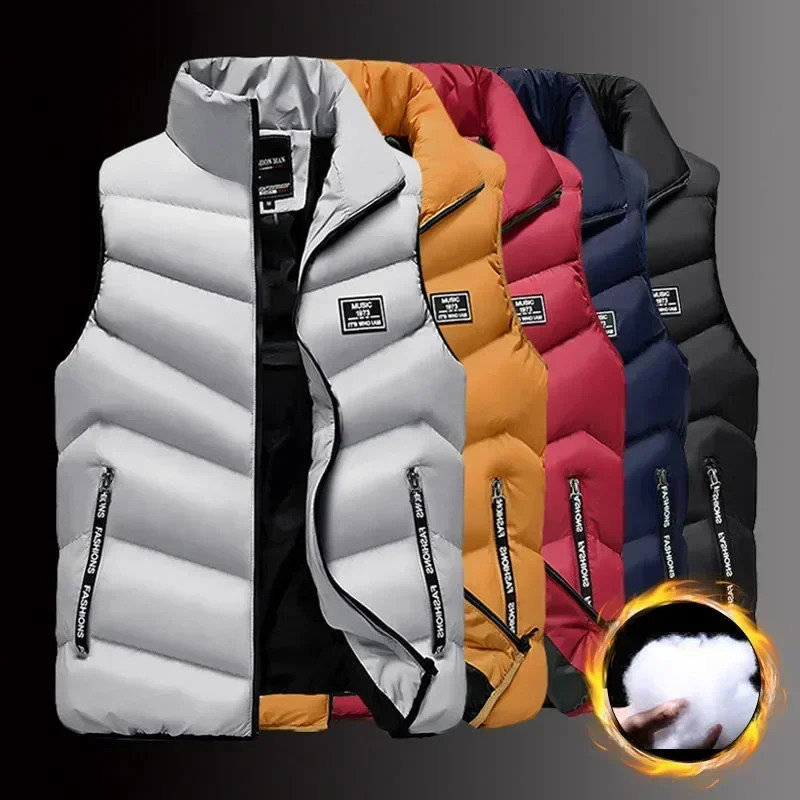 Winter Warm Mens Jacket Sleeveless Zipper Vest Solid Casual Vests Male CottonPadded Thickened Stand Collar Wear Outside 260920