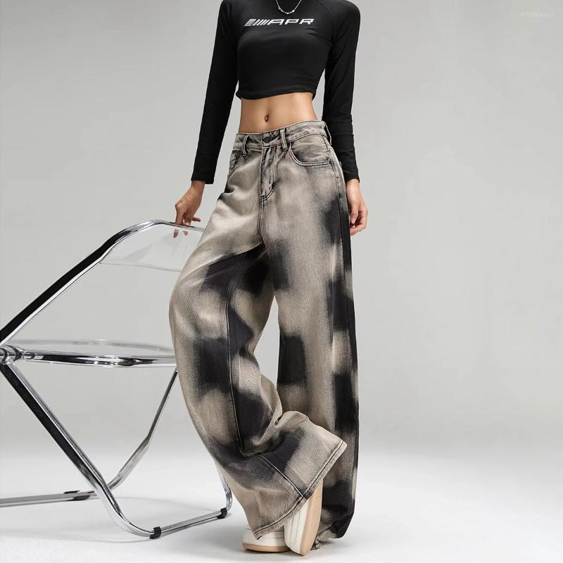 Jeans da donna a gamba larga con sfumatura grigia nera Pantaloni casual chic da ragazza alla moda Pantaloni in denim dritti a vita alta larghi femmi
