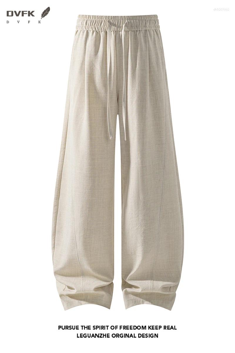 Mens Casual Linen Wide Leg Trousers Drawstring Waist Loose Fit Breathable Daily Wear Pants