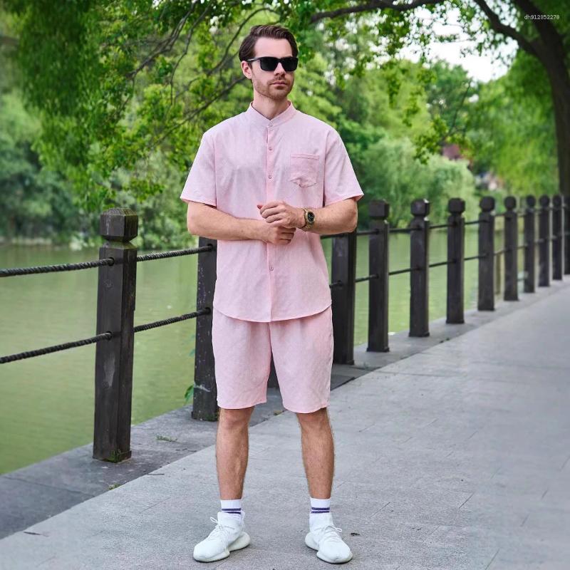 Summer Men's Jacquard Shirt Casual Stand-up Collar Pocket Cardigan Short-sleeved Shorts Set