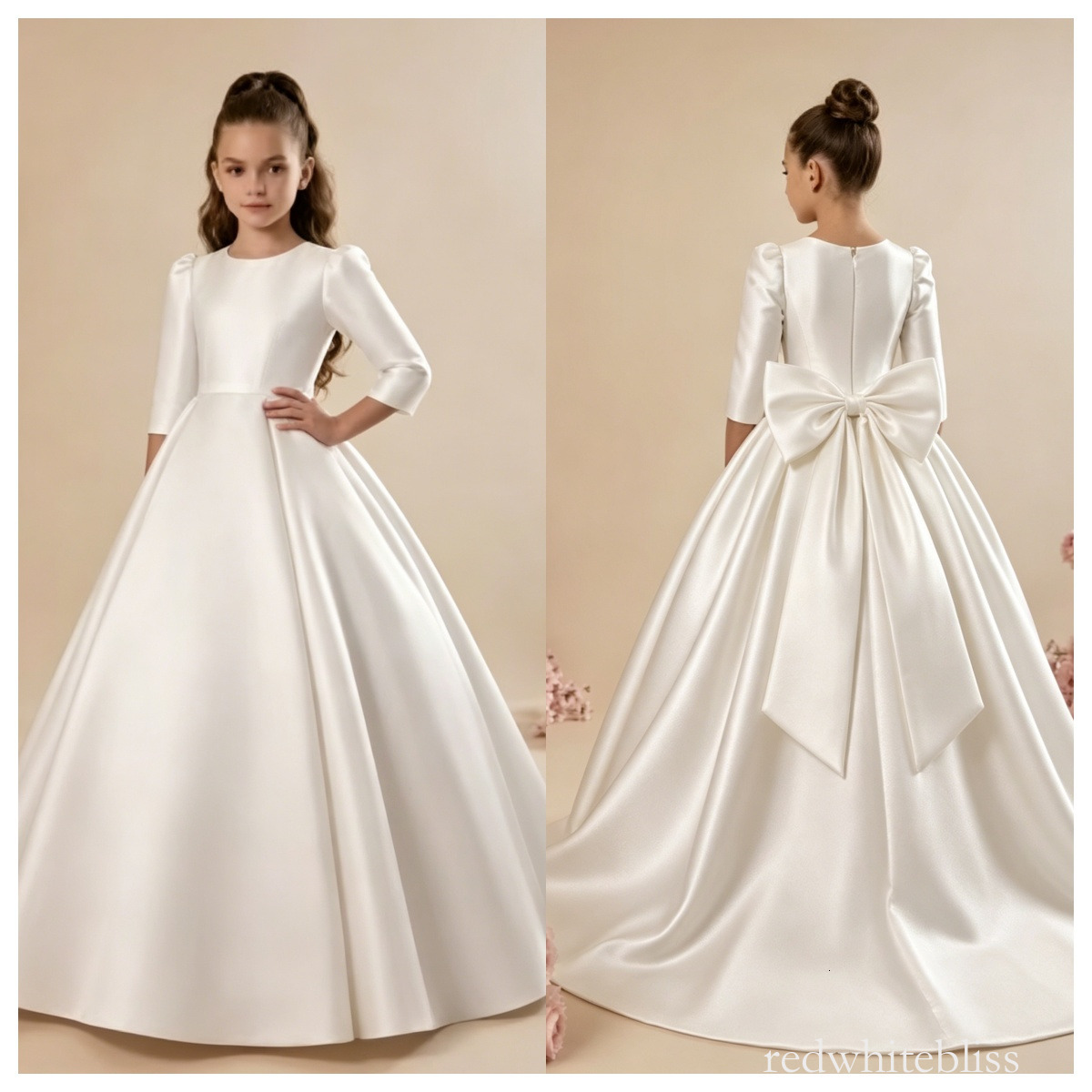 Vintage White Ivory Satin Flower Girl Dresses New Long Sleeve A-Line With Bow Back Kids Evening Party Gowns Formal Girls Wedding Party Princess Dres