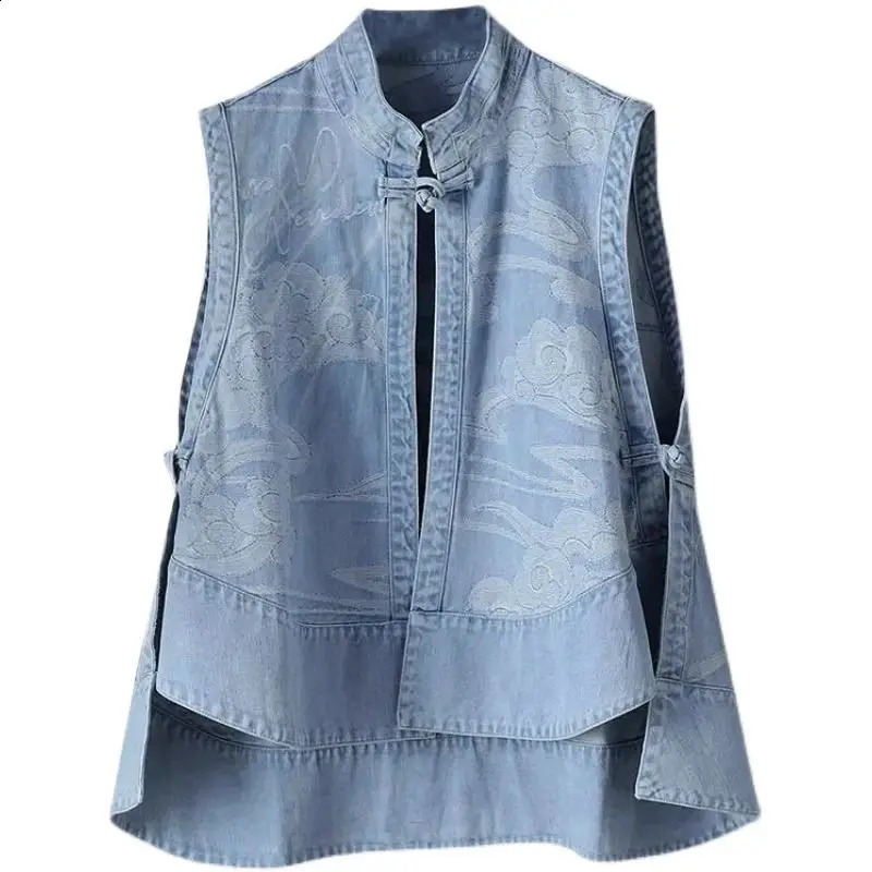 Ethnic Chinese Style Buckle Spring Summer Denim Vest Wearing A Plus Size Cheongsam Blouse Sleeveless Cardigan Coat Female 260920