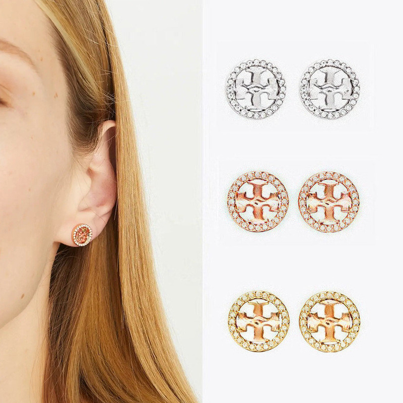 Luxury Women Round Hollow Letters Stud Earrings 18K Rose Gold Silver Shine Crystal Rhinestone Border Minimalist Earring Daily Fashion Ear rings