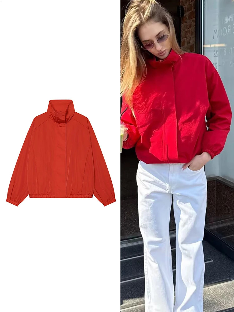 Red Stand Up Collar Casual Jacket For Women Fashion Spring Autumn Loose Thin Long Sleeve Short Tops Female 260920